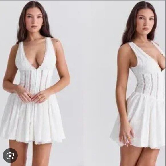 House of CB Sarita White Floral Cotton Broderie Plunge Corset Mini Medium - Picture 3 of 10